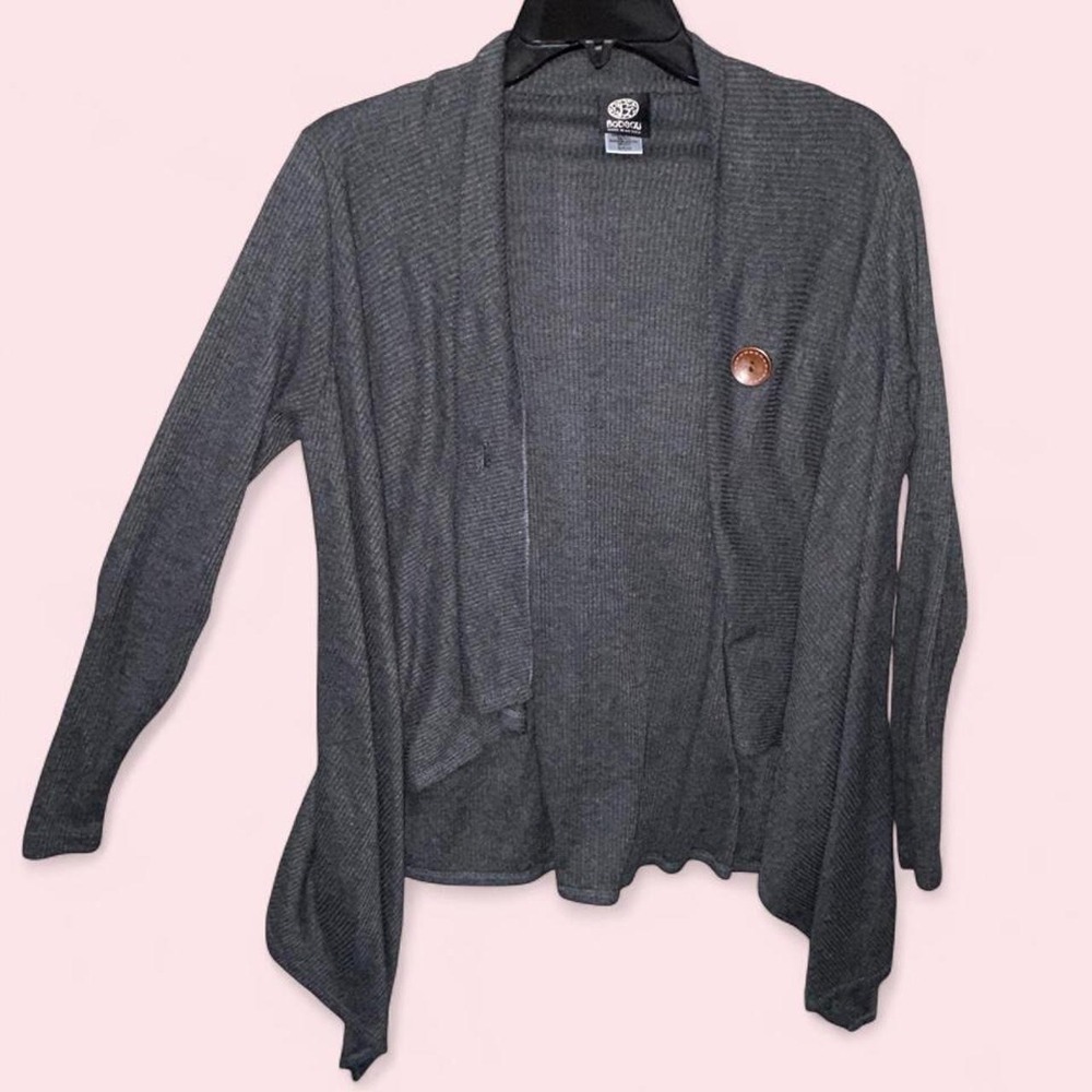 Bobeau Gray Ribbed Button Cardigan Womens Small Asymmetrical Draped Sweater